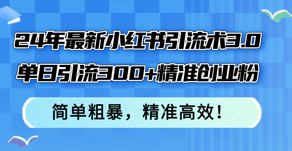 24年最新小红书引流术3.0，单日引流300+精准创业粉，简单粗暴，精准高效！-全有网创