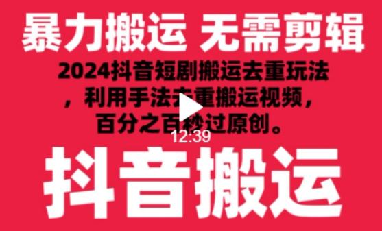 2024最新抖音搬运技术，抖音短剧视频去重，手法搬运，利用工具去重，达到秒过原创的效果【揭秘】-全有网创