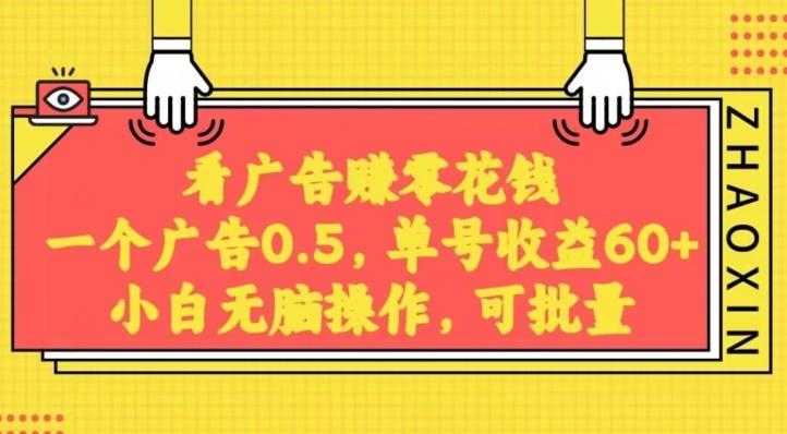 无脑看广告获取收益，一条广告0.5，日稳定60-100+，可批量放大，超级稳定-全有网创
