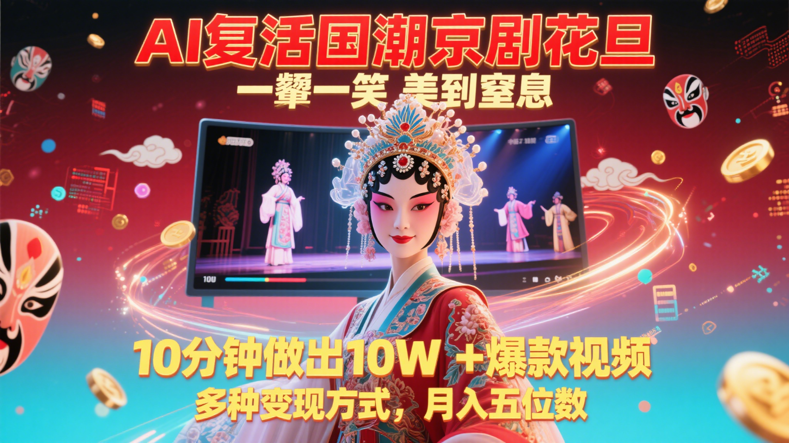 AI复活国潮京剧花旦,一颦一笑美到窒息,10分钟做出10W+爆款视频,多种变现方式-全有网创