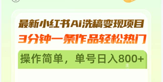最新小红书Ai洗稿变现项目 3分钟一条作品轻松热门 操作简单，单号日入800+-全有网创