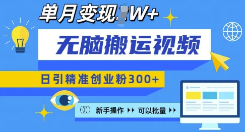 无脑搬运视频号可批量复制，新手即可操作，日引精准创业粉300+，月变现过W 【揭秘】-全有网创
