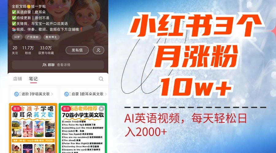 小红书三个月涨粉10W，AI英语视频0成本制作，每天轻松日入2000+-全有网创