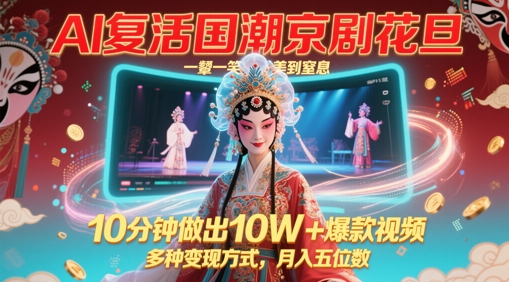 AI复活国潮京剧花旦，一颦一笑美到窒息，10分钟做出10W+爆款视频，多种变现方式，月入五位数-全有网创