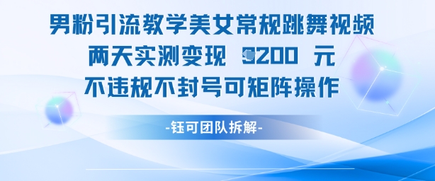 男粉引流教学美女常规跳舞视频两天实测变现1k+，不违规不封号可矩阵操作-全有网创