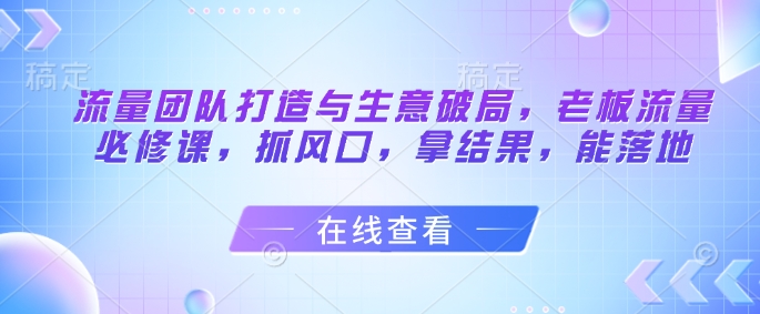 流量团队打造与生意破局，老板流量必修课，抓风口，拿结果，能落地-全有网创