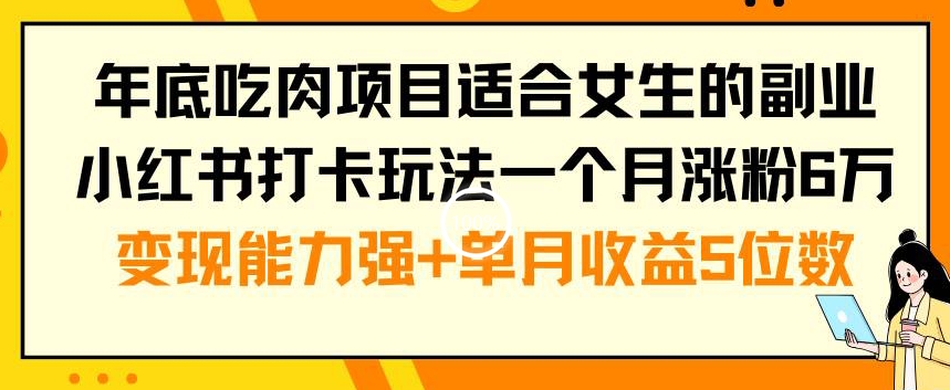 年底吃肉项目适合女生的副业小红书打卡玩法一个月涨粉6万+变现能力强+单月收益5位数【揭秘】-全有网创