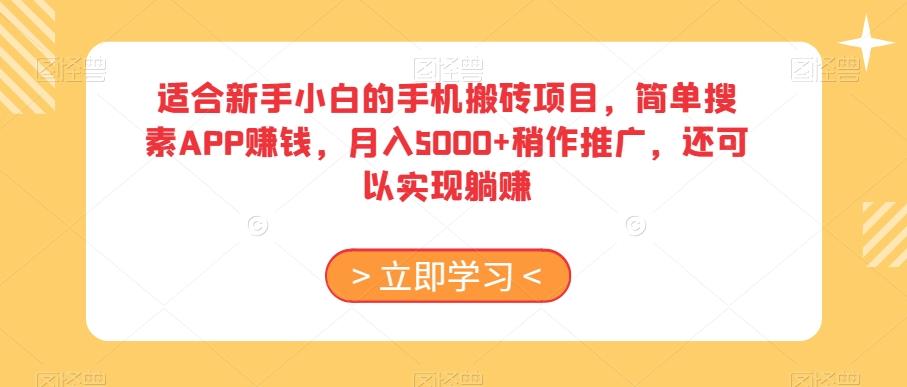 适合新手小白的手机搬砖项目，简单搜素APP赚钱，月入5000+稍作推广，还可以实现躺赚【揭秘】-全有网创