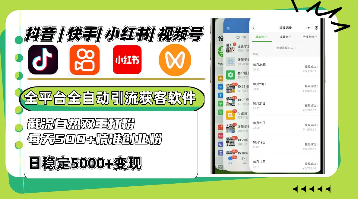抖音快手小红书视频号全平台全自动引流获客系统，截流自热双重打粉，每天500+精准粉-全有网创