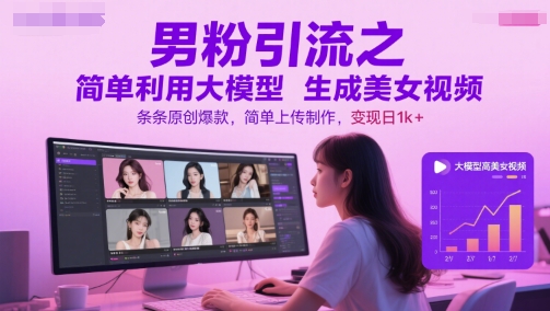 男粉引流之简单利用大模型生成美女视频，条条原创爆款，简单上传制作，变现日1k+-全有网创