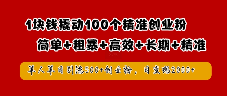 1块钱撬动100个精准创业粉，简单粗暴高效长期精准，单人单日引流500+创业粉，日变现2k【揭秘】-全有网创