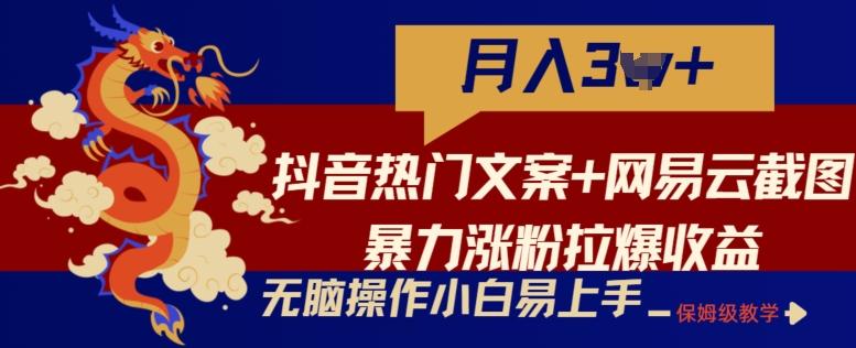 抖音热门文案+网易云截图暴力涨粉拉爆收益玩法，小白无脑操作，简单易上手【揭秘】-全有网创
