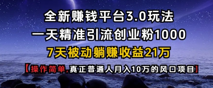 全新赚钱平台3.0玩法一天精准引流创业粉1000.7天被动躺Z收益21W【仅揭秘】-全有网创