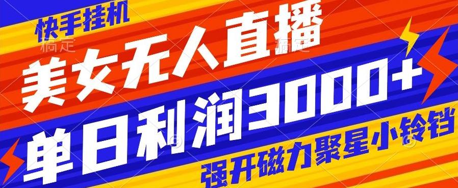快手挂机，美女无人直播，强开磁力聚星小铃铛，日入3000+-全有网创