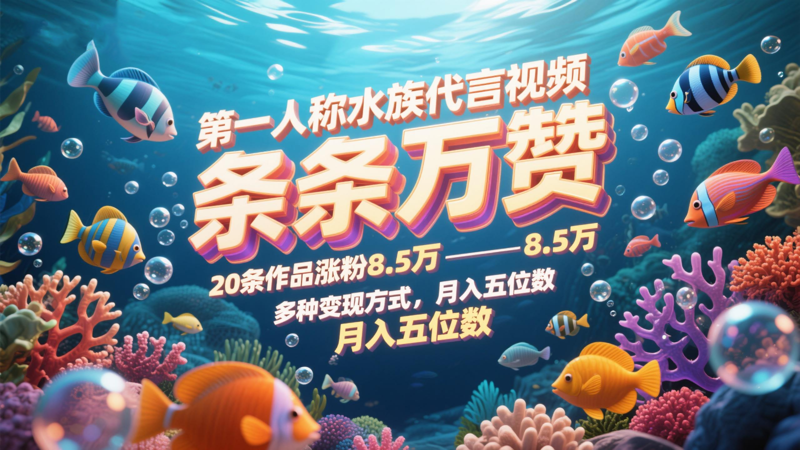 第一人称水族代言视频，条条万赞，20条作品涨粉8.5万，多种变现方式月，入五位数-全有网创