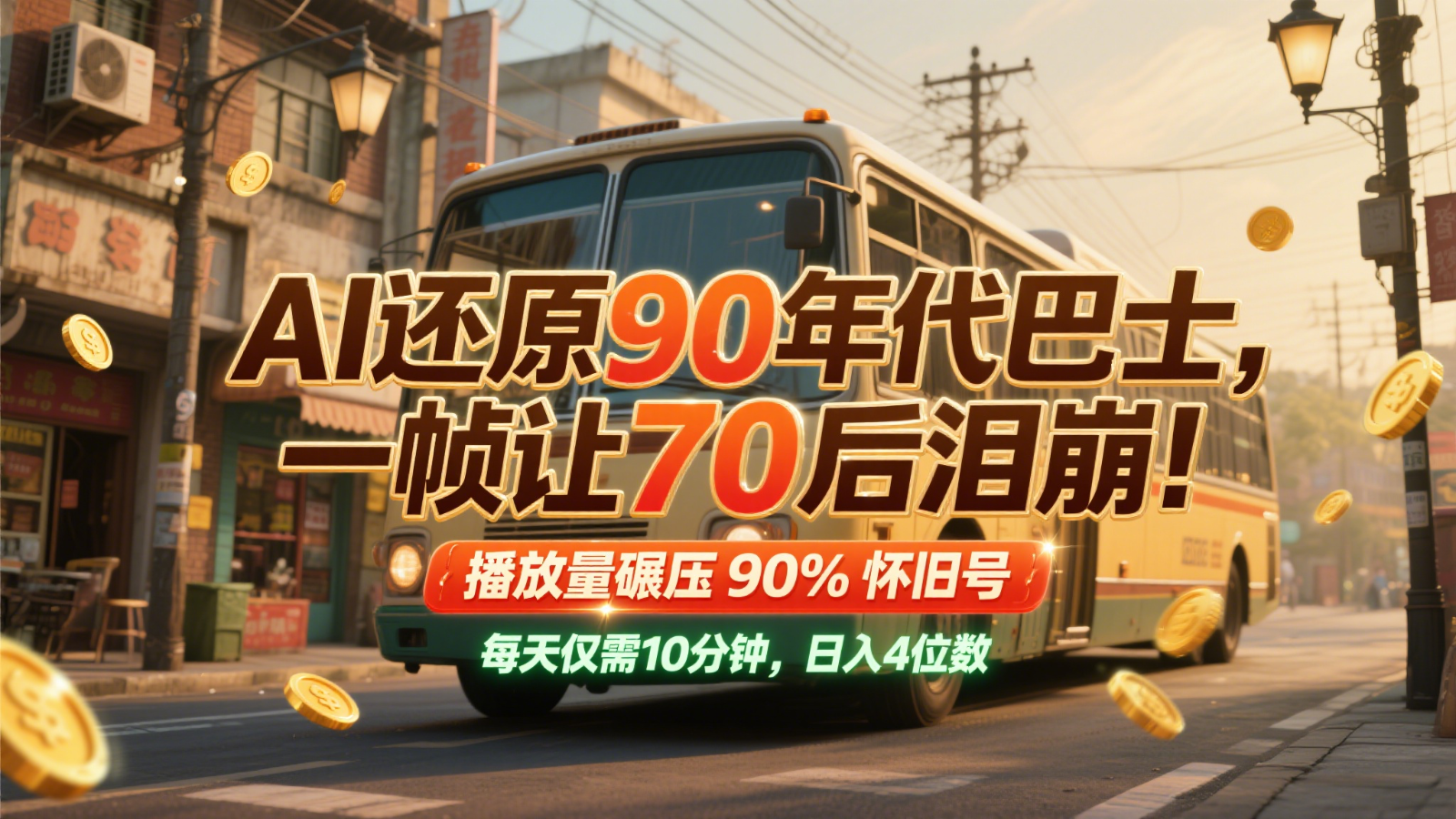 AI还原90年代巴士，一帧让70后泪崩！播放量碾压90%怀旧号，每天10分钟，日入4位数-全有网创